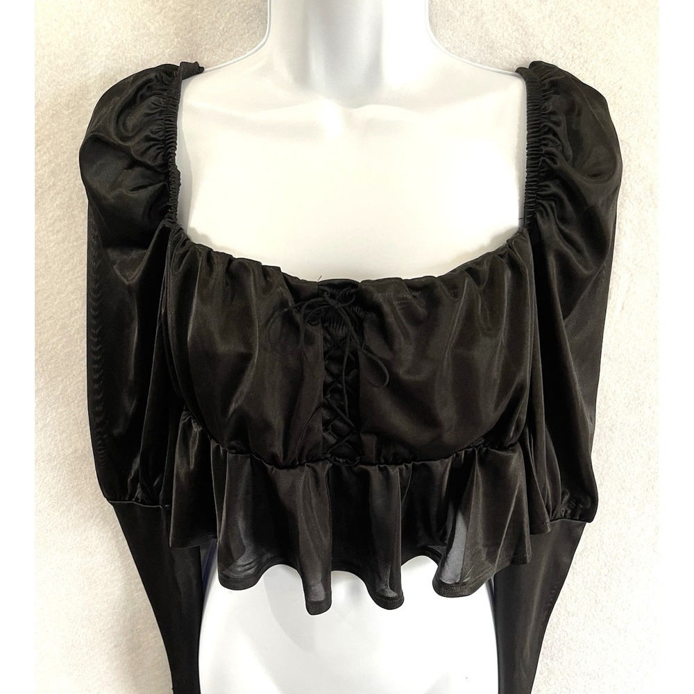 Black Satin Look Ruffled Corset Cropped Top Sheer Fairy Grunge Goth Milkmaid